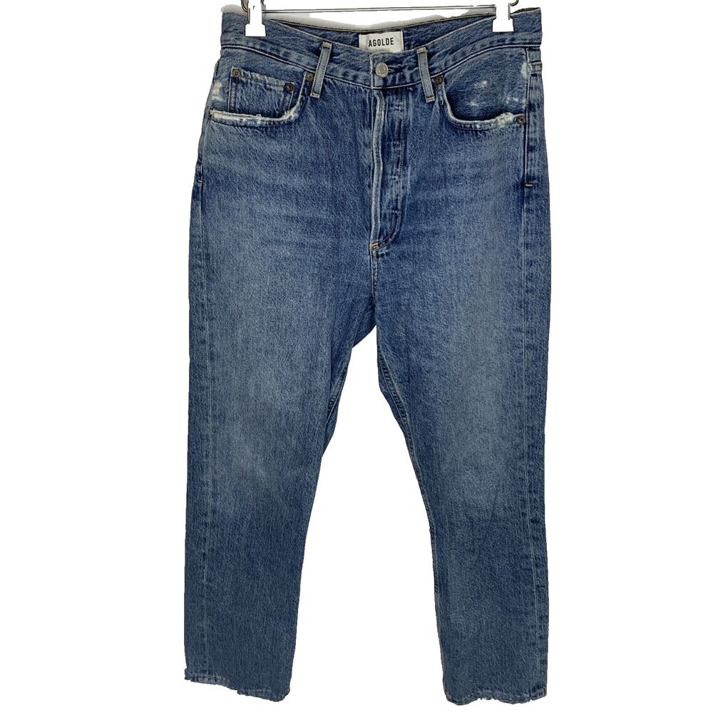 Agolde Riley Jeans Size 27 Blue High Rise Button Fly Distressed Straight Crop